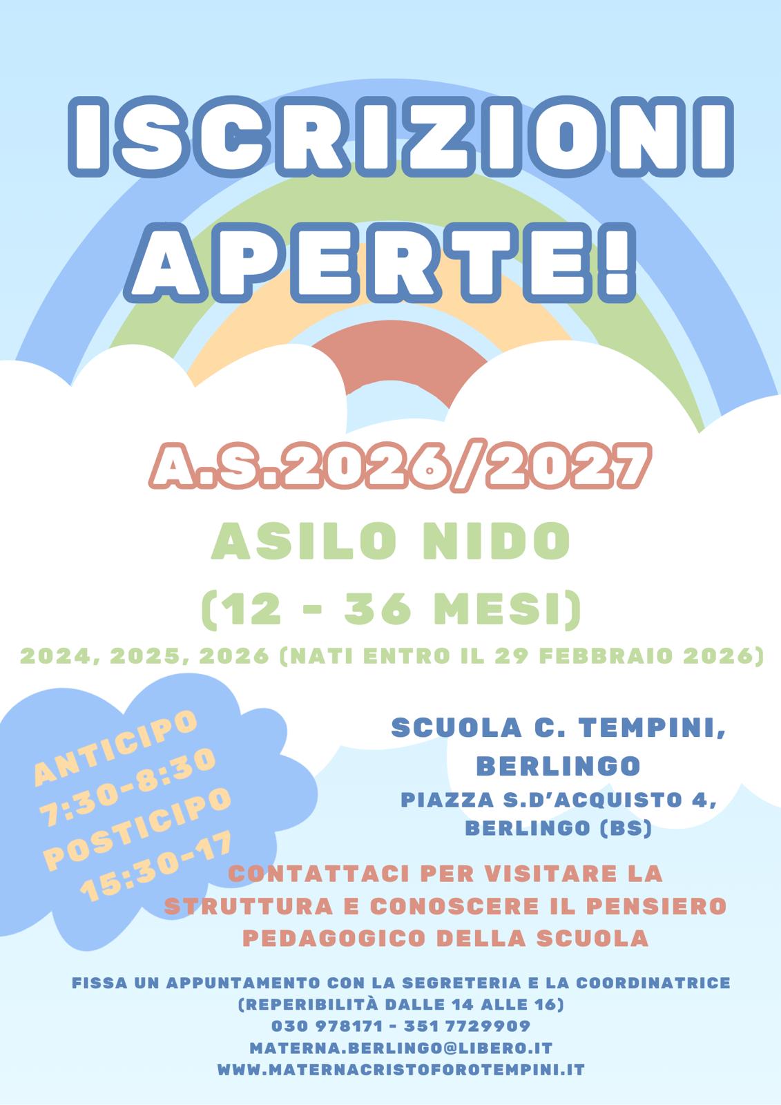 Iscrizioni Asilo Nido – Scuola dell’Infanzia C. Tempini (A.S. 2026/2027)