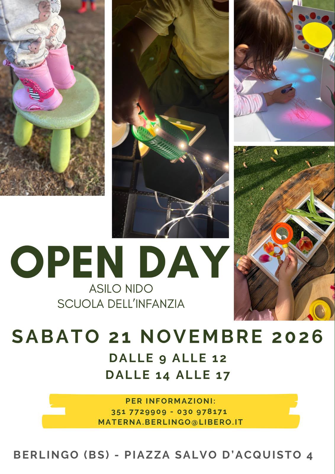 Locandina Open Day 21 novembre 2026 – Asilo Nido e Scuola dell’Infanzia Cristoforo Tempini di Berlingo.